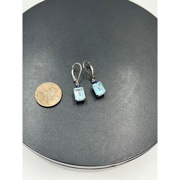 BBJ 925 Sterling Silver Emerald Cut Blue Topaz Sm Sapphire Lever back Earrings - Picture 2 of 9
